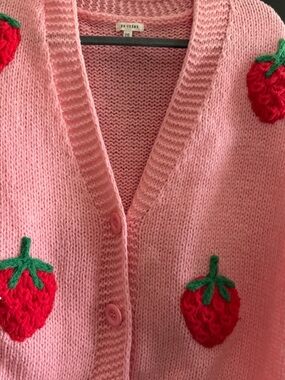 BNGIRL Pink Strawberry Embroidered V-Neck Cardigan
